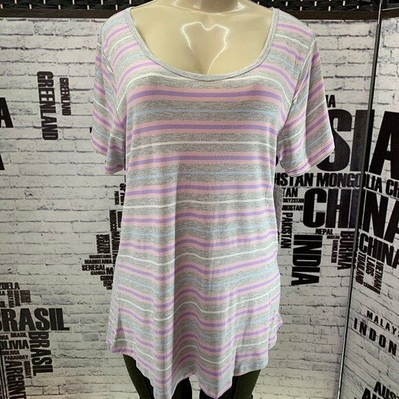LulaRoe Pink/Gray Striped Short Sleeve Top - Picture 1 of 6